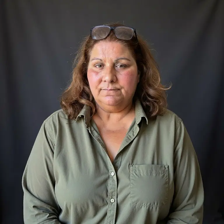 A woman with wavy hair wearing an olive-green button-up shirt and glasses on her head stands in front of a plain dark backdrop. A woman with wavy hair wearing an olive-green button-up shirt and glasses on her head stands in front of a plain dark backdrop.