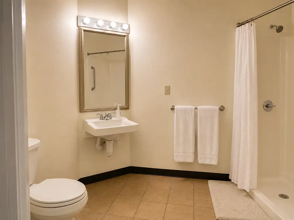 Bathroom with toilet, wall-mounted sink, mirror with lights, towel rack with two white towels, and a shower with a white curtain. The floor is tiled, and walls are a light color.